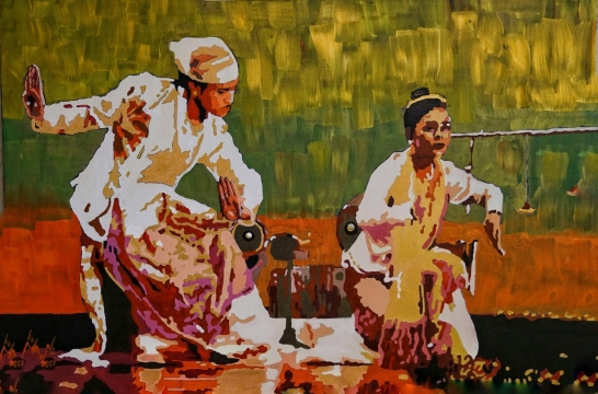 正在舞台上表演的白衣男女油画作品