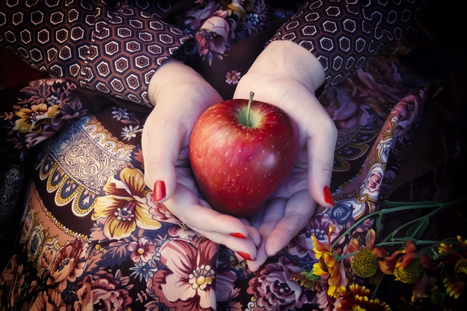 穿花朵图案装饰连衣裙女性捧新鲜红色苹果