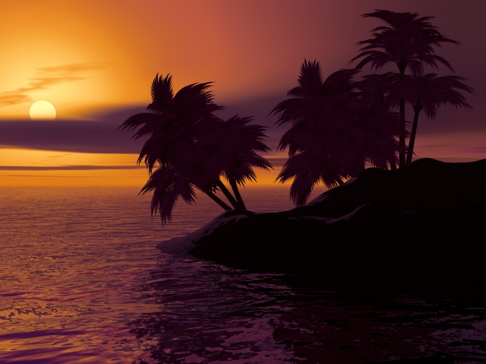 落日下的大海与海上小岛的椰树