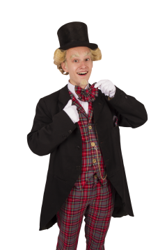 穿着格子衬衫长裤燕尾服扮相滑稽的魔术师