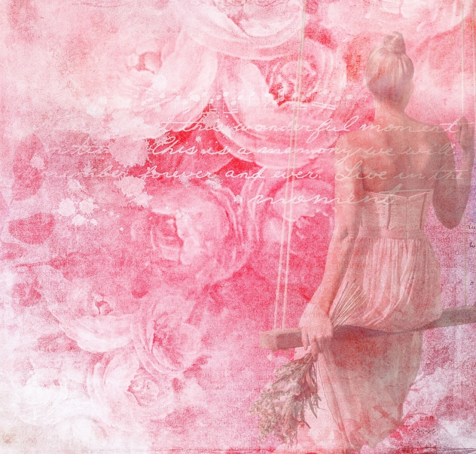 粉色玫瑰背景白色裙子女性荡秋千