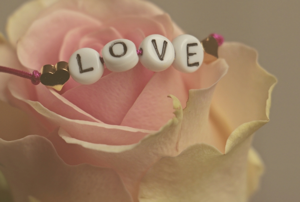 浪漫粉色自然玫瑰花朵上英文字母首饰