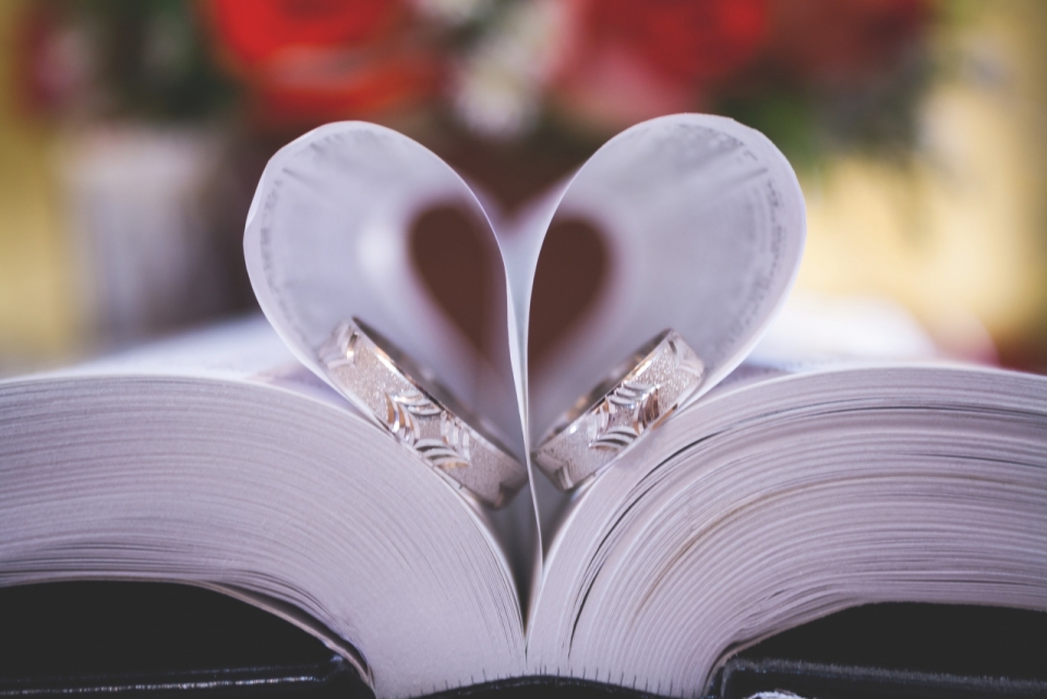 两枚戒指放在了用书页制作的爱心中