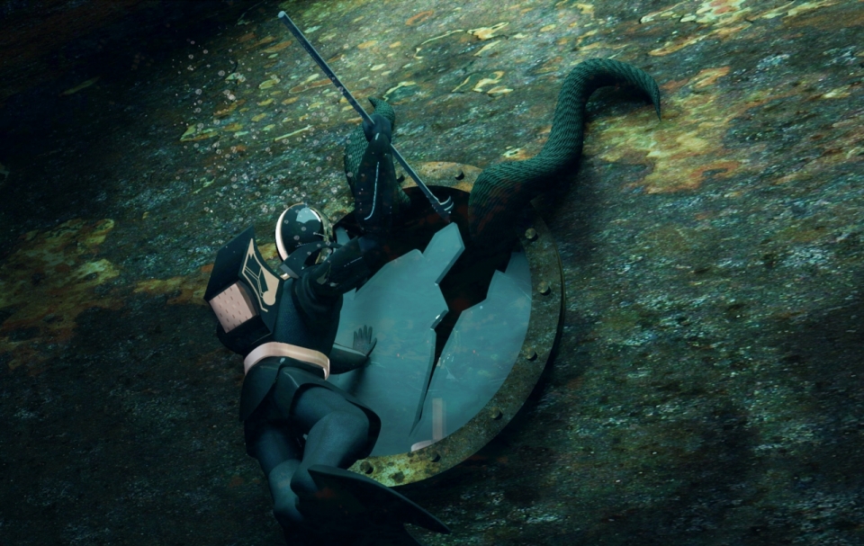 深海下潜水员正拿着鱼叉刺穿潜艇玻璃