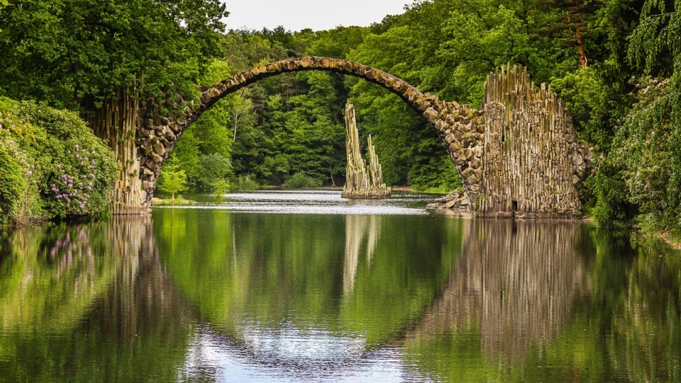 树林小桥倒映在河流中的美丽风景