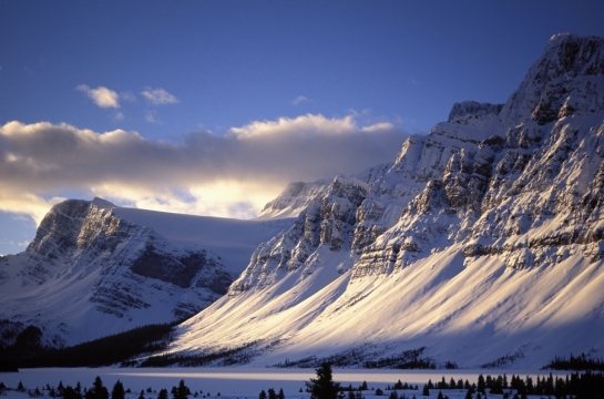 晴朗天空山峰云朵植物雪地风景
