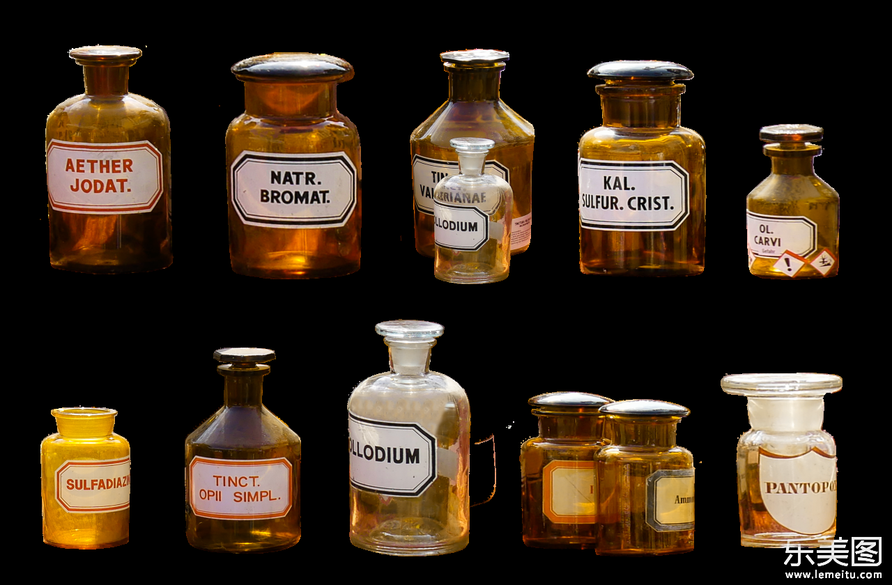 整齐摆放的各种形状化学试剂玻璃瓶