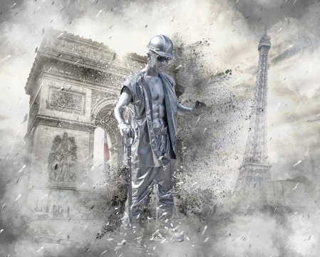 埃菲尔铁塔和凯旋门前建筑工人创意设计