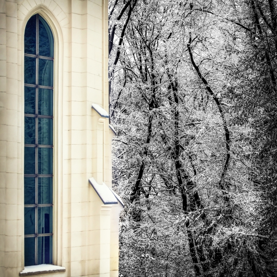 绿色玻璃窗黄色墙壁的教堂建筑和雪覆盖的树林