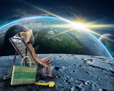 宇宙月球木质座椅上躺着比基尼性感美女创意设计