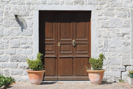 岩石外墙镶嵌咖啡色木制大门盆栽