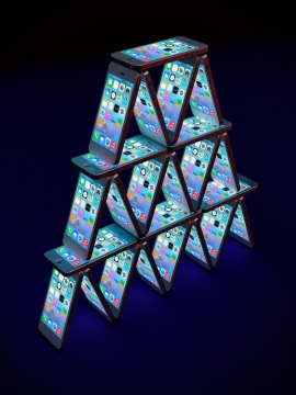 蓝色背景黑色iPhone智能手机搭积木