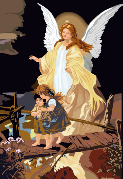 天使守护男孩女孩过破旧小桥