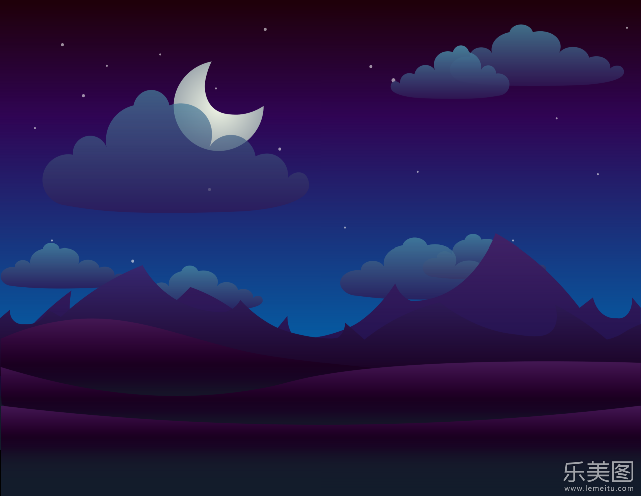 星空夜景插画远山和月亮挂在山间