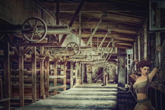 昏暗废弃破旧工业工厂室内女性