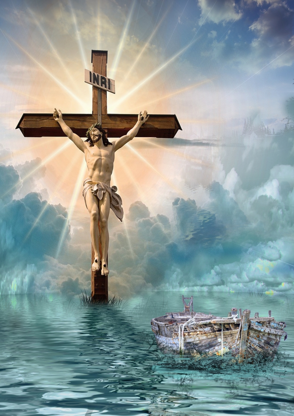 湖面钉在十字架上受难的耶稣插画手绘