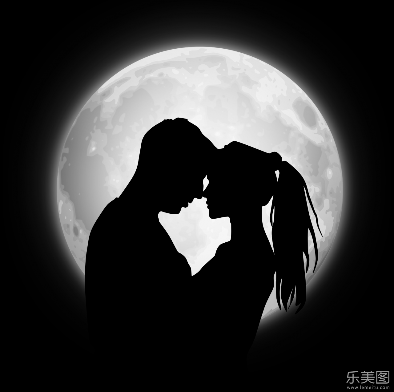 皎洁的月光下一对幸福的恋人剪影