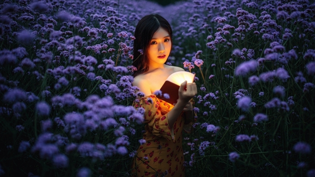 性感美女夜晚花海高清桌面壁纸