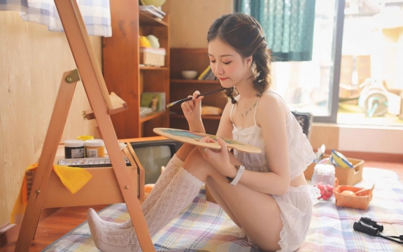 清纯萌妹子拿画板画画私房小清新人像写真