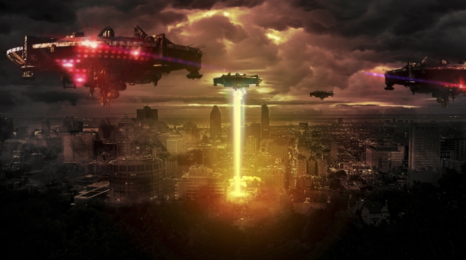 外星战舰攻击城市科幻设计