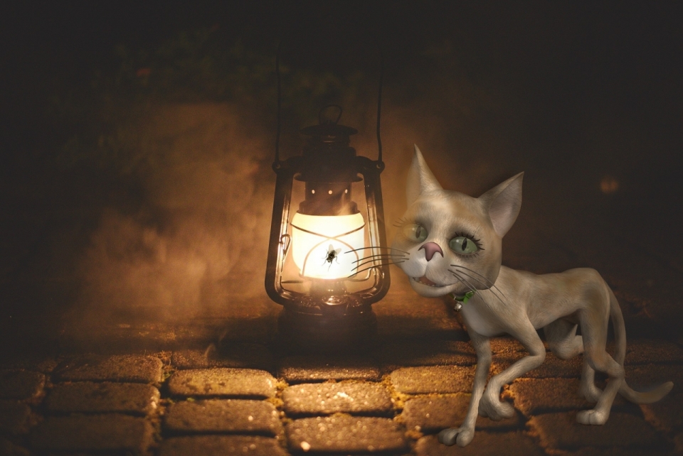 石砖上的油灯和瘦弱的卡通猫