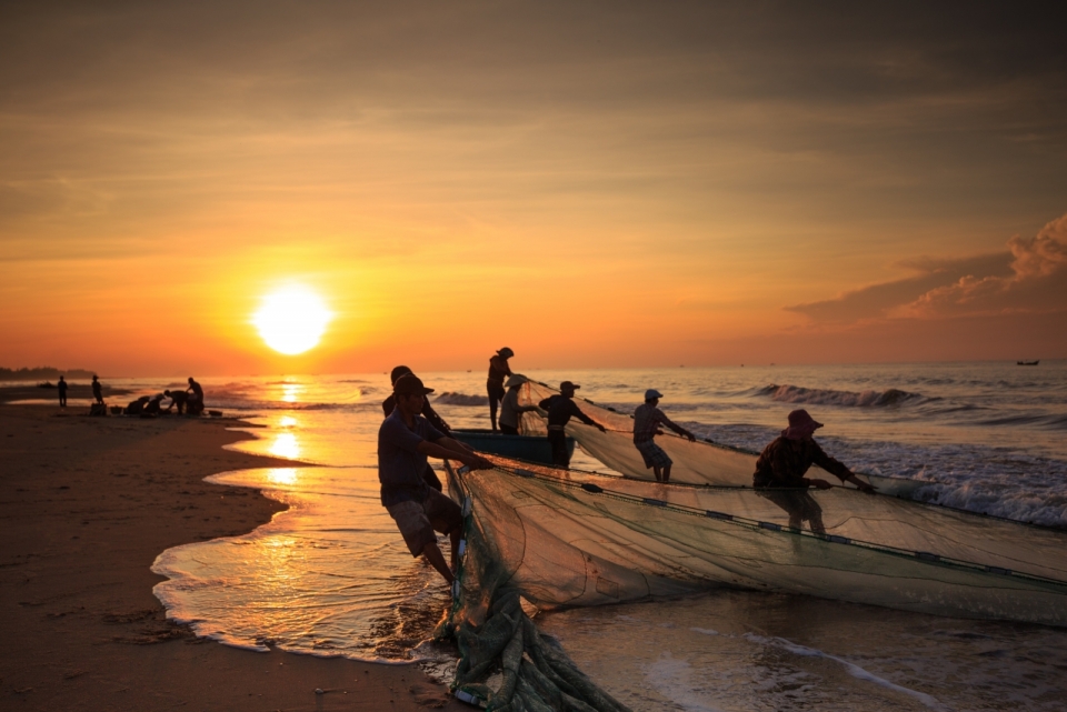 夕阳下海边捕鱼收网的人们
