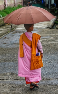 撑伞行路的僧人