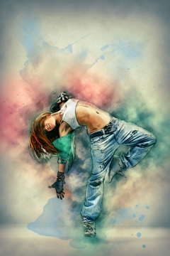 炫彩水彩手绘风背景合成舞蹈长发女性