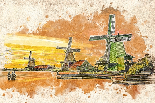 彩色手绘怀旧风傍晚夕阳风车建筑