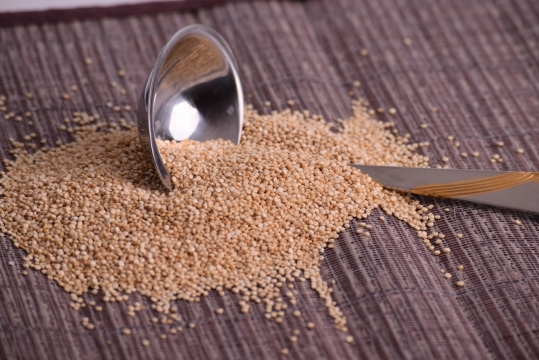 木制桌面银色金属勺子挖芝麻