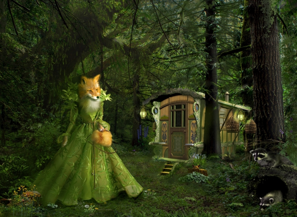树林小屋前绿衣狐狸人创意动画