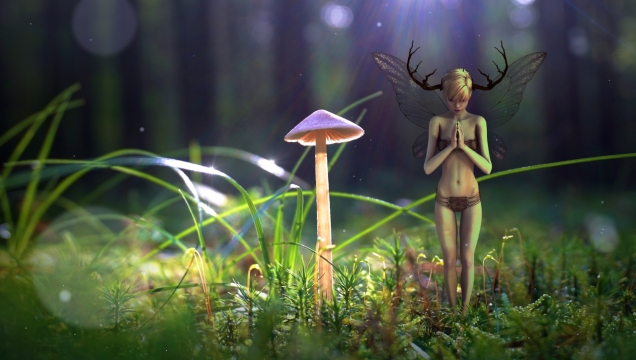 树林草地蘑菇边祈祷精灵女子人物原画设计