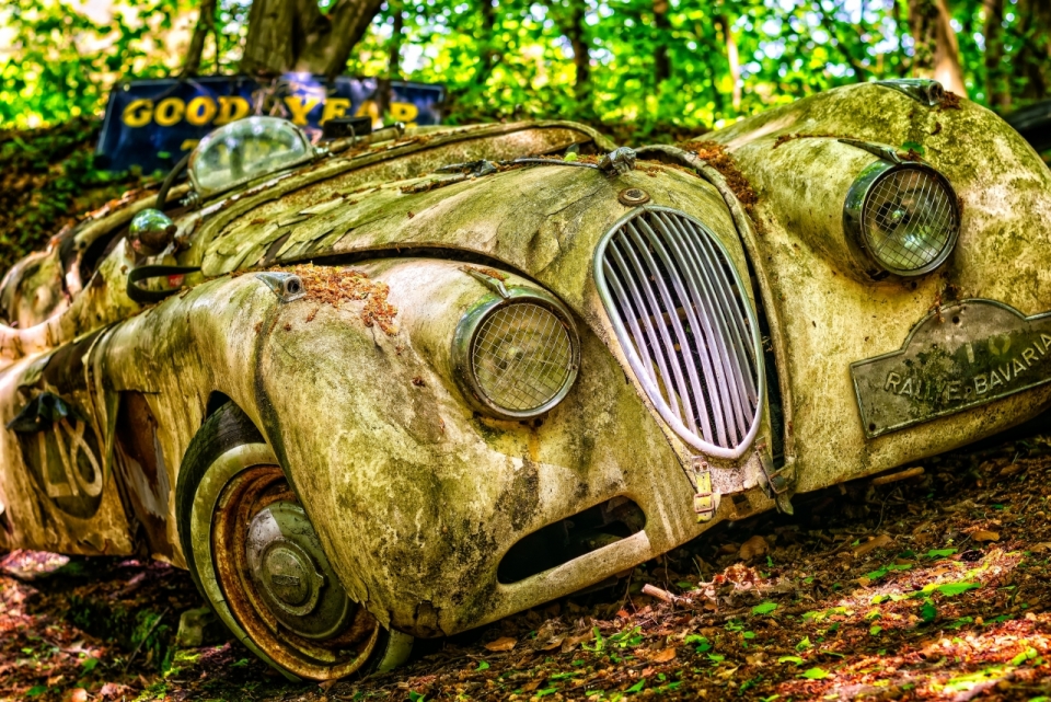 阳光自然森林破旧废弃古老轿车