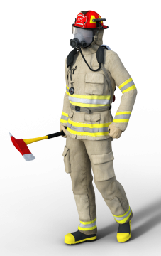 全副武装手握消防斧的消防员