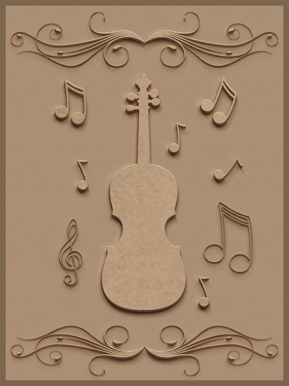 木板上雕刻的小提琴和音符雕刻艺术