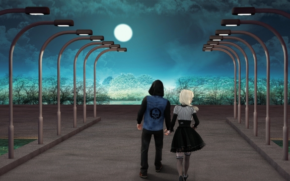 月圆之夜走在路灯下的情侣卡通插画