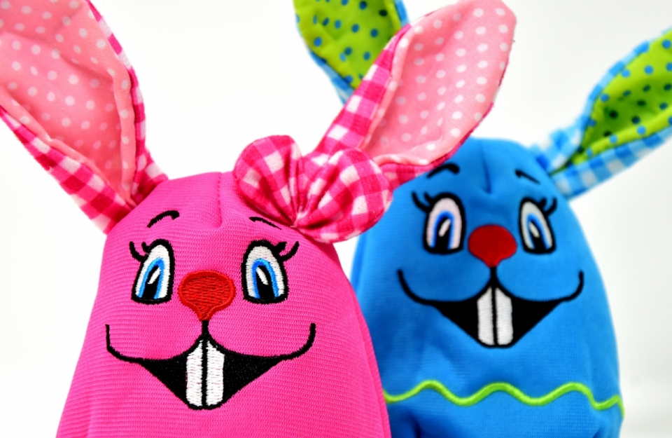 白色背景蓝色粉色兔子玩具