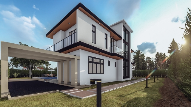 早晨草坪上城市房屋建筑设计