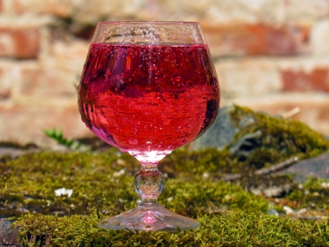 绿色草地上酒杯中红色葡萄酒