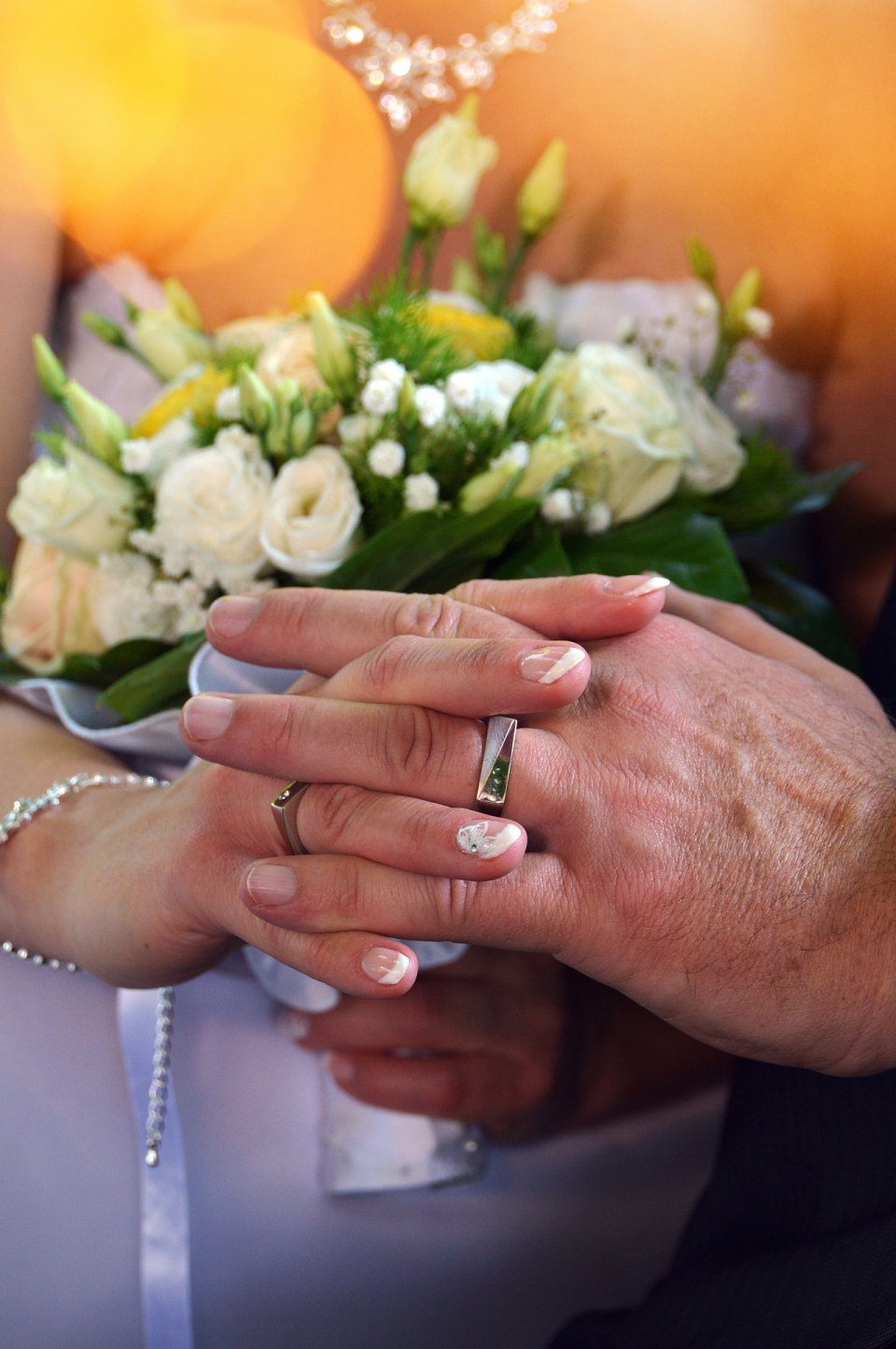 婚礼幸福男性女性戴戒指双手交叠