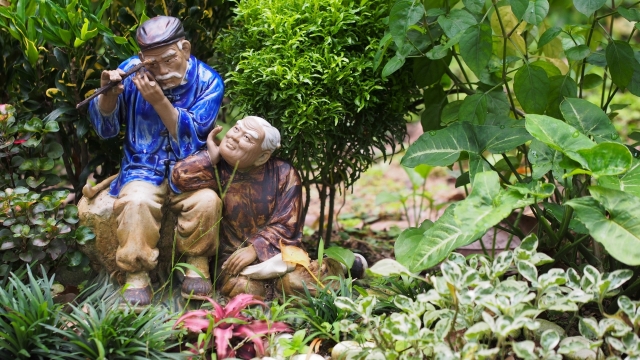 户外自然绿色植物间老年男性女性模型
