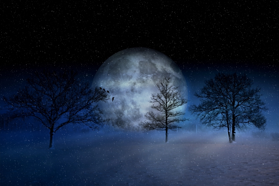 冬天白色雪地夜晚月球星空