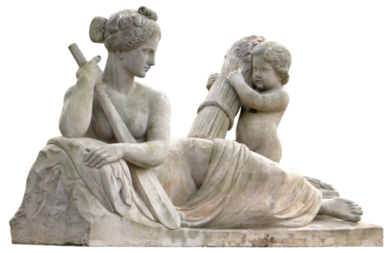 躺着的美丽母亲和可爱小孩雕塑