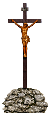 岩石上木制十字架金色金属耶稣塑像