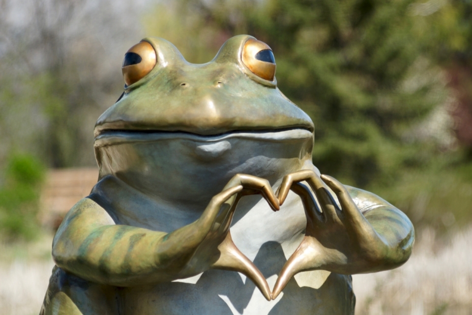 搞笑青蛙雕塑比心姿势特写