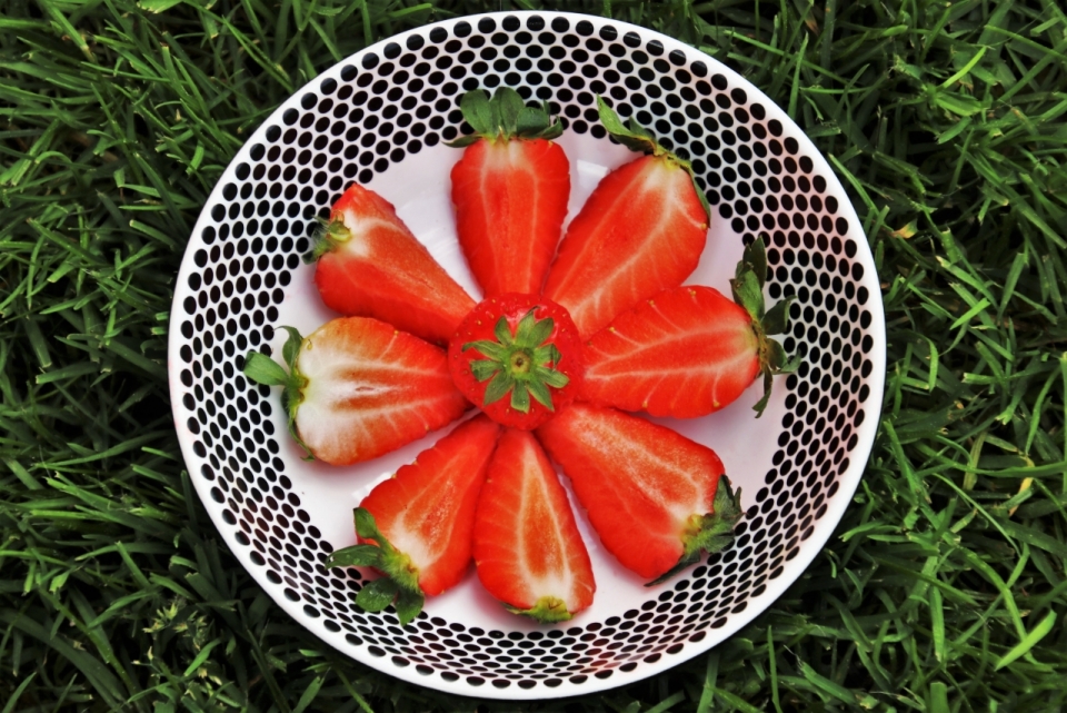 户外自然绿色草坪金属碗中红色草莓