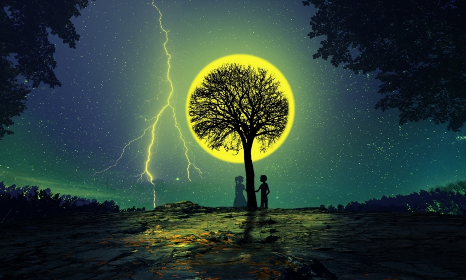 深夜星空金色闪电树下月光创意插画