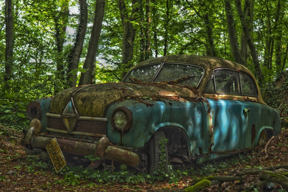 自然森林破旧废弃污损蓝色轿车