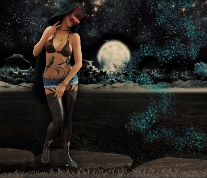 夜晚月亮星空平原上穿斗篷带面具文身性感美女原画设计