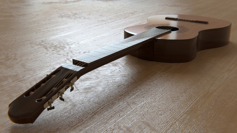 放置在木地板上的吉他静物摄影